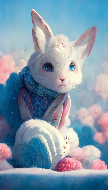 Close up of white cat with blue eyes and scarf around it generative ai