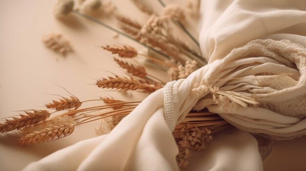 A close up of a white cloth with wheat ears on it