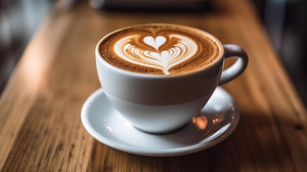 Close up white coffee cup with heart shape latte art on wood tab Generative AI