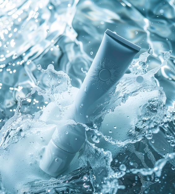 Close up of a white cream tube with a sun symbol on it lying in seawater cosmetic and beauty product concept