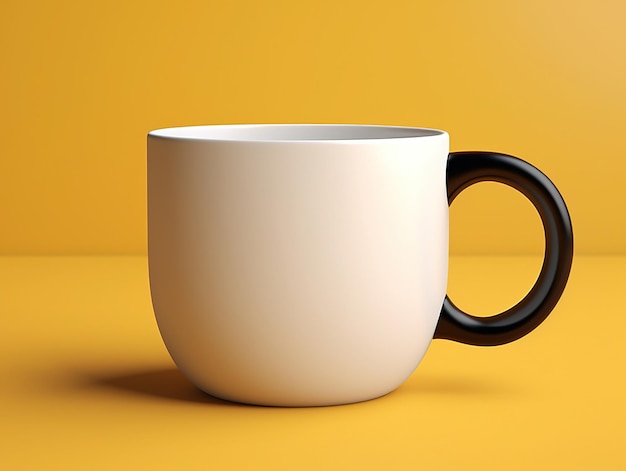 close up white cup with a black handle with background yellow color