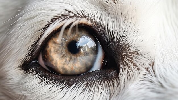 A close up of a white dog's eye