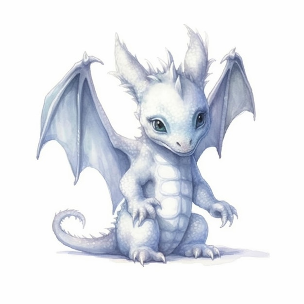 A close up of a white dragon with blue eyes and wings generative ai