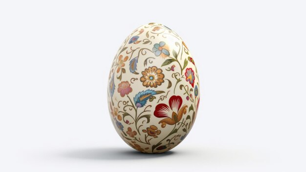 A close up of a white egg with a floral pattern on it.