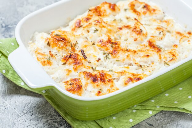 Close up on white fish casserole