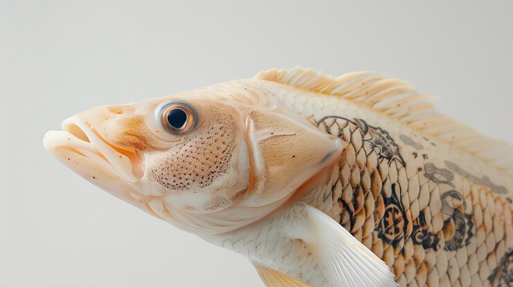 Photo <unk>の上に黒と灰色のタトゥーがある白い魚のクローズアップ