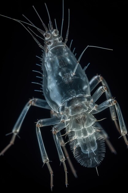 A close up white flea photo on black background