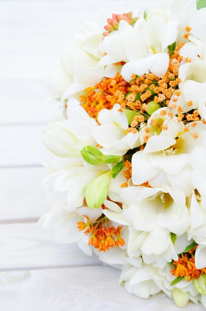 close-up of white flower bouquet on table