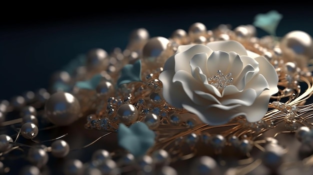 A close up of a white flower on a gold necklace