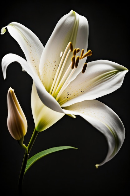 Foto primo piano di un fiore bianco con sfondo nero sullo sfondo ia generativa