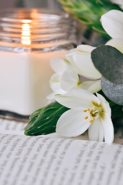 Photo close-up of white flowers and candle