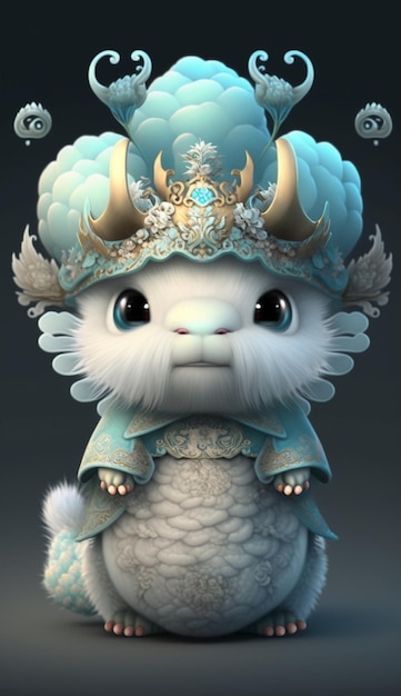 a close up of a white fluffy animal wearing a blue hat generative ai