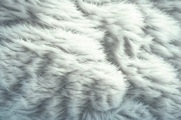 A close up of a white fluffy rug with a blue background.