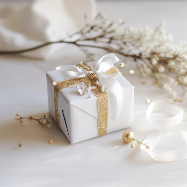Close up of white gift with ribbon on white background created using generative ai technology