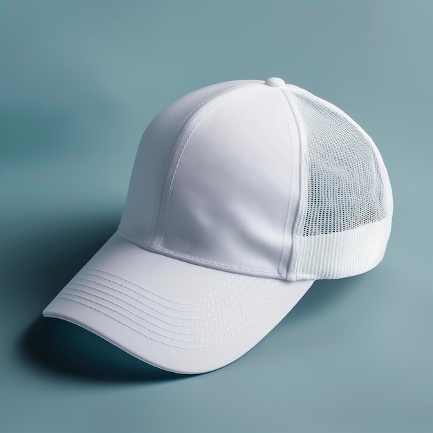 A close up of a white hat on a blue surface Mockup Design
