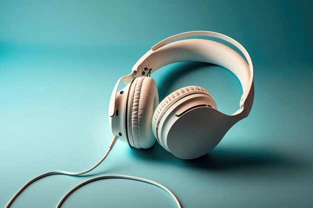 Close up of white headphones with wire on blue background created using generative ai technology