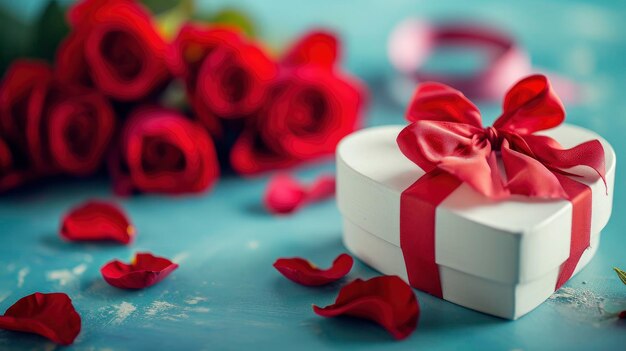 A close up to a white heart shaped present box with red bow and blurred red roses in the light blue background