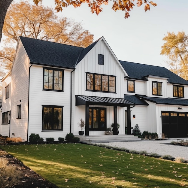 A close up of a white house with a black roof and a driveway generative ai