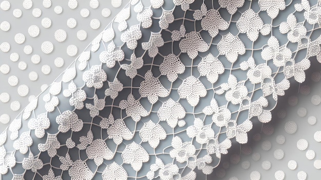 A close up of a white lace curtain with a flower pattern.