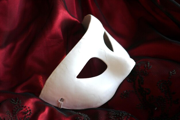 Photo close-up of white mask on red fabric