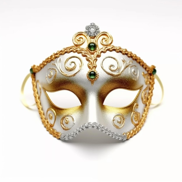 a close up of a white mask with gold and green decorations generative ai