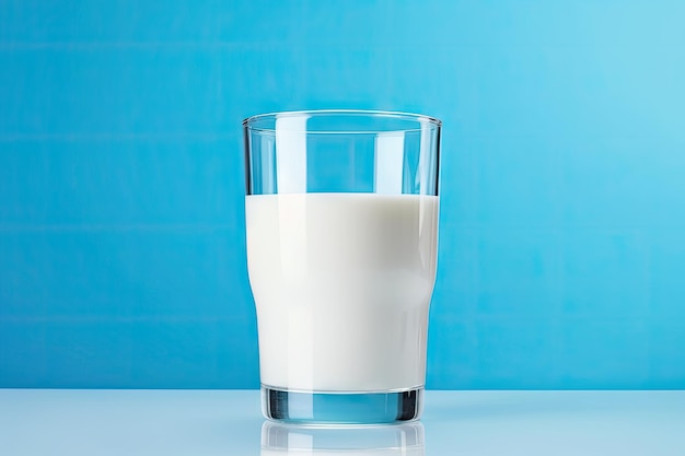 Close up of white milk on a blue background isolated Copy space representing dairy products