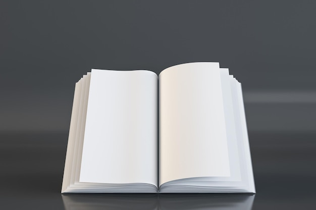 Close up of white open book on grey background Document and page concept Mock up 3D Rendering