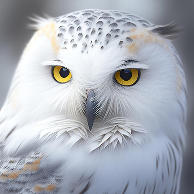 A close up of a white owl with yellow eyes AI generative image