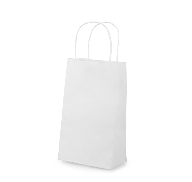 Close up of a white paper bag on white background with clipping path. Isolated on white background