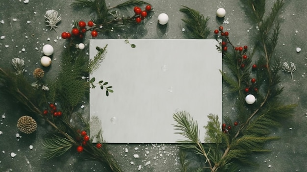 Foto a close up of a white paper surrounded by evergreen branches and red berries generative ai