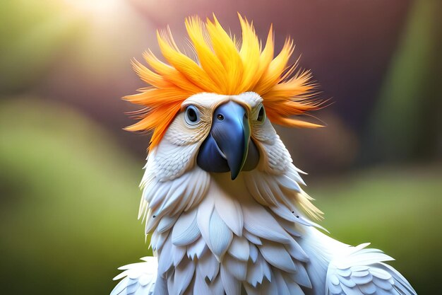 A close up of a white parrot with a yellow beak.