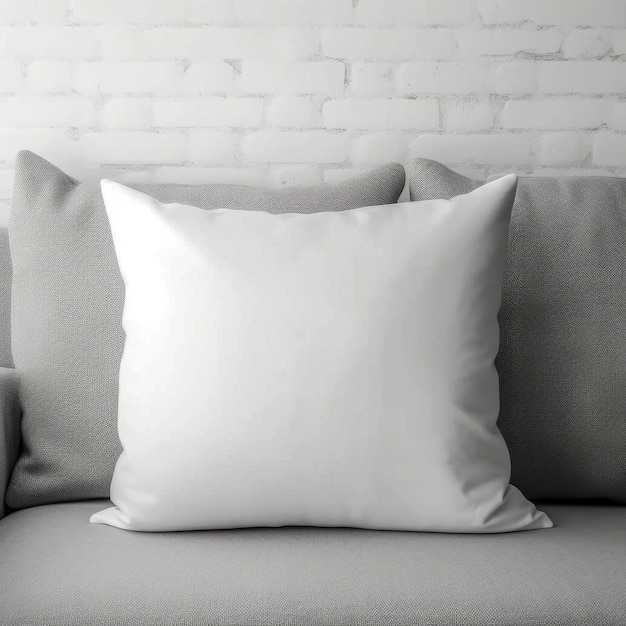 Close up of white pillow on grey sofa with coffee cup in living room