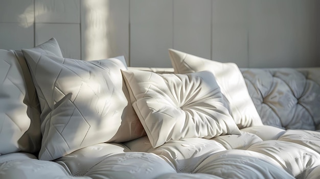 Близкие белые подушки на диване в гостиной Генеративные иллюстрации ИИ