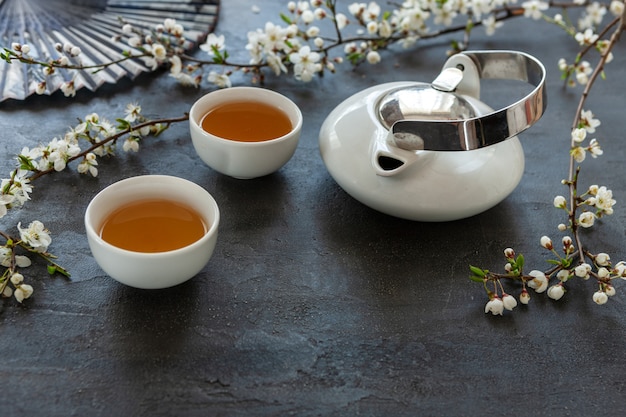 Close up of White porcelain Asian tea set with green Japan tea 