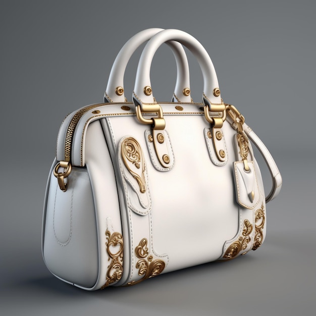 A close up of a white purse with gold accents on a gray background generative ai