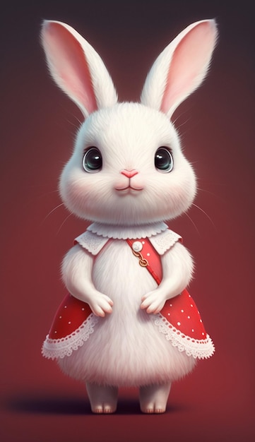 Close up of white rabbit dressed in red dress generative ai