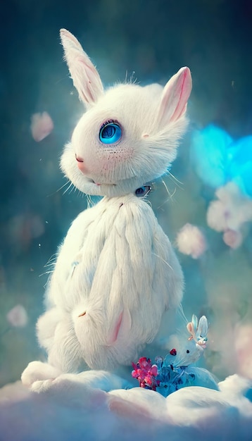 Close up of white rabbit sitting on surface generative ai