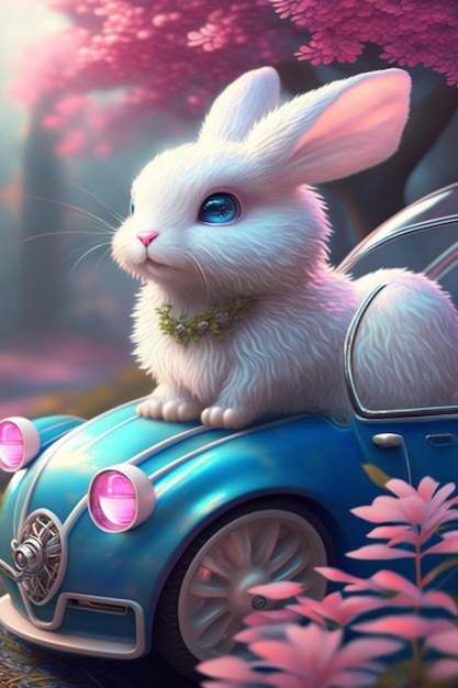 Close up of white rabbit sitting on top car generative ai