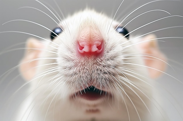 Photo close up of a white rat with a funny expression on face