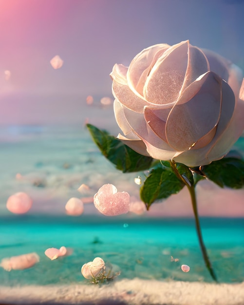 Close up of white rose flower on beach generative ai
