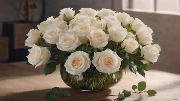 花瓶の中の白いバラをクローズアップする
