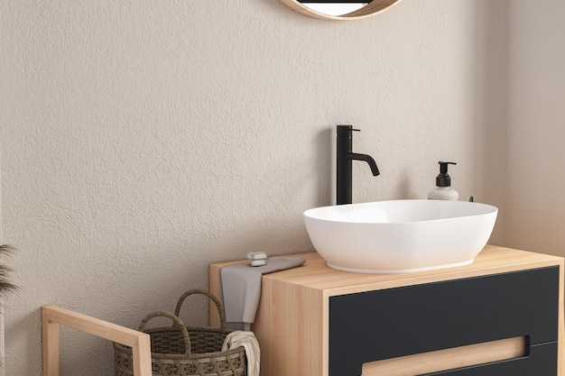Крупным планом белая раковина с овальным зеркалом, стоящим на белой стене, деревянный шкаф с черным краном в минималистской ванной комнате Макет подставки для демонстрации продукта 3d-рендеринга
