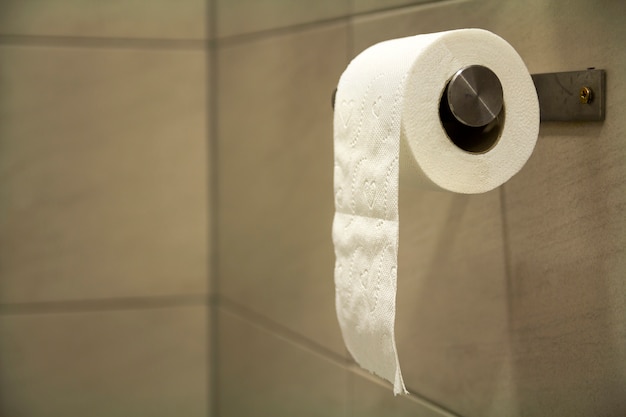 Close-up of white soft tissue paper roll in bathroom.