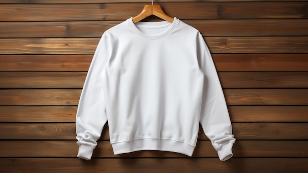 A close up of a white sweatshirt hanging on a wooden wall generative ai