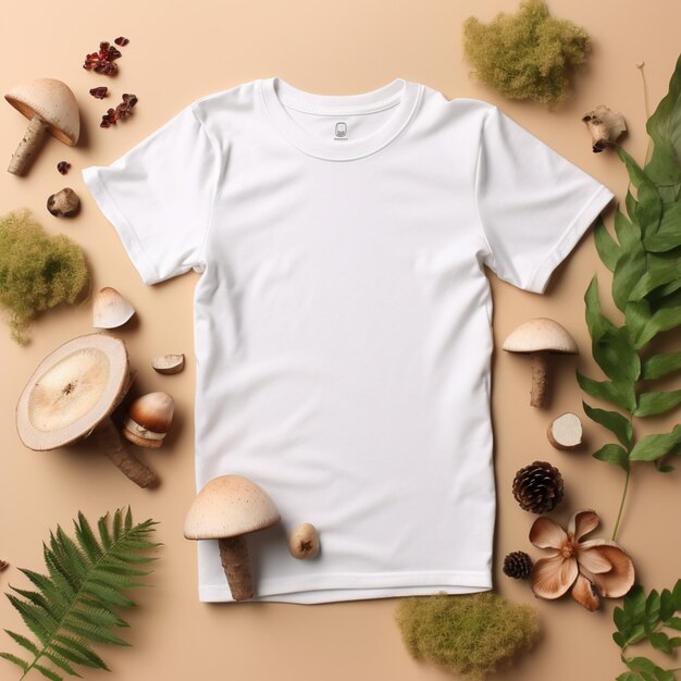 a close up of a white t shirt surrounded by various mushrooms and plants generative ai