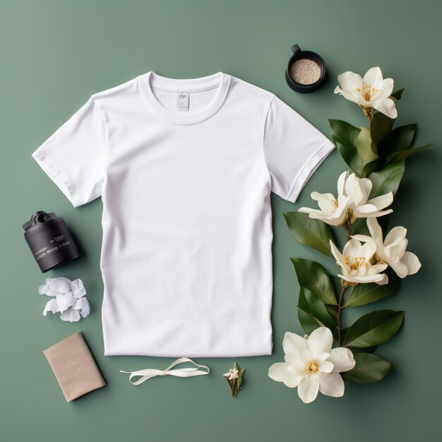 a close up of a white t shirt with a flower and a camera generative ai