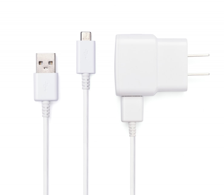Photo close up white usb and micro usb cable plug with usb power plug adaptor, isolated on white background