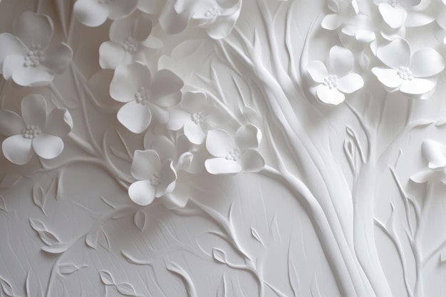 A close up of a white wall with flowers