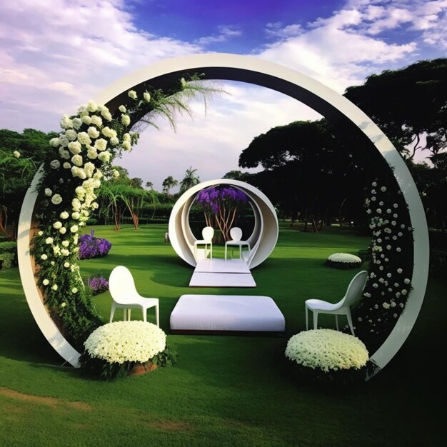 Foto un primo piano di un arco nuziale bianco con fiori e sedie ai generative
