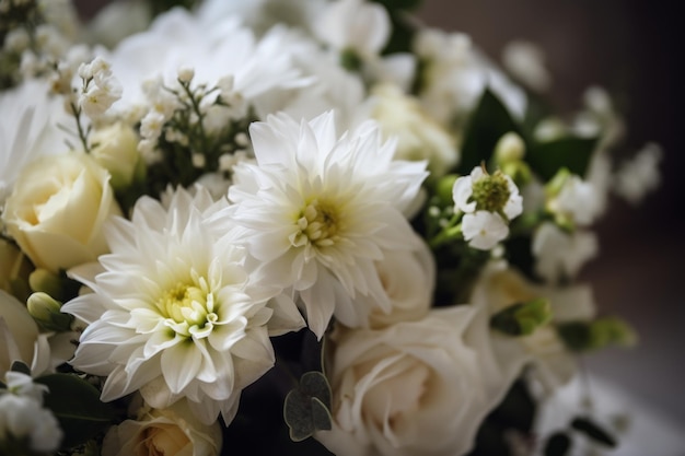 Close up of a white wedding bouquet of flowers bouquet of white chrysanthemum